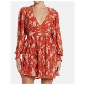 Lulus Red Floral Mini Dress Long Sleeve V Neck Empire Waist Romantic Dress